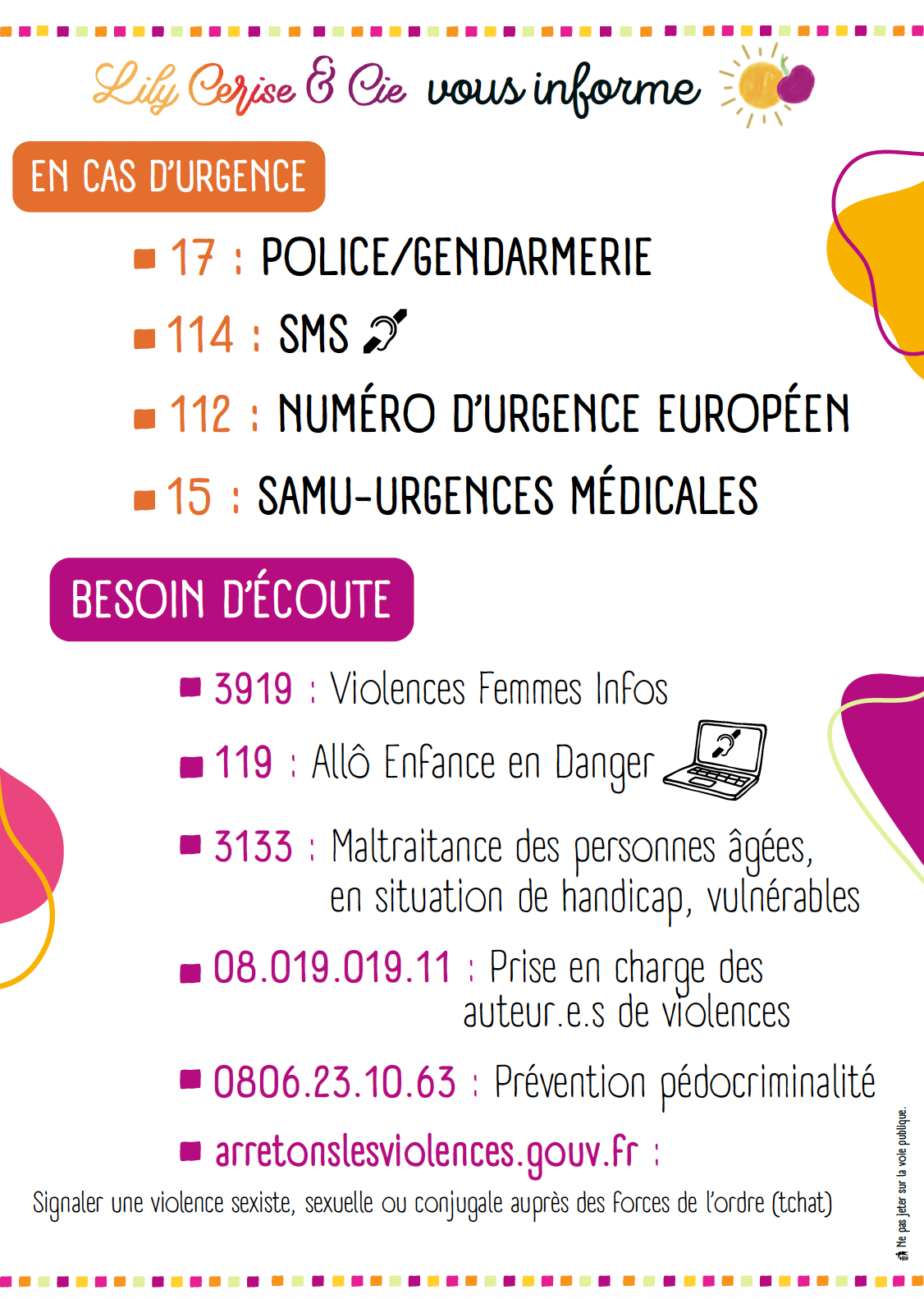 liste des numéros d'urgences pour les violences intrafamiliales